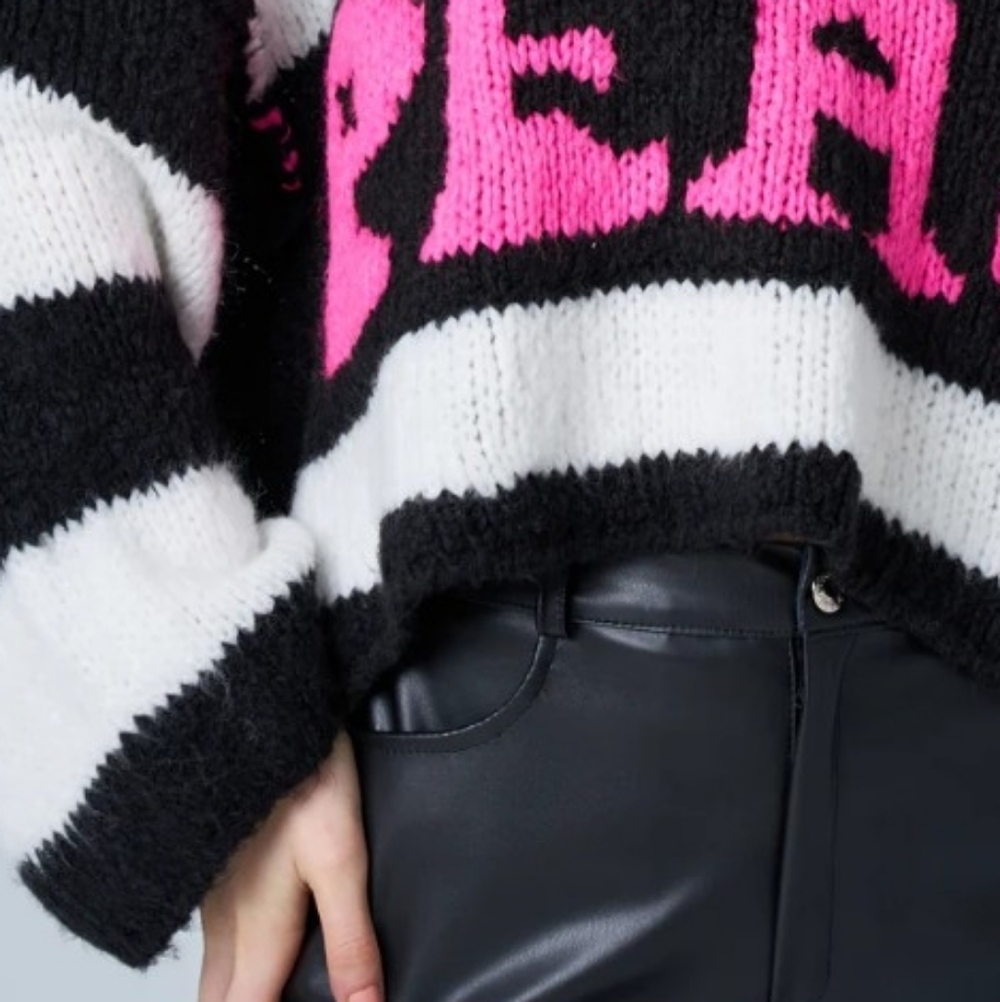Astrid Black and White Striped Sweater with Pink Peace Lettering - Picture 2 of 4